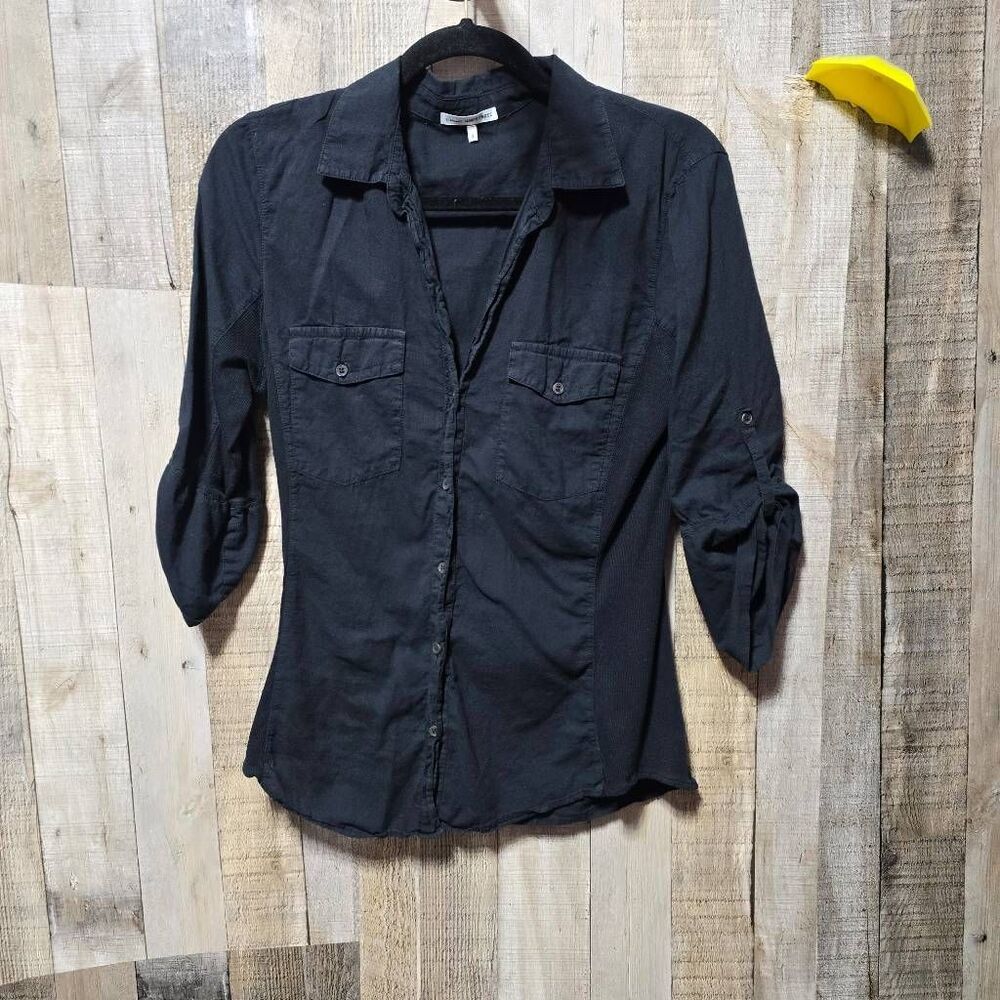 James Perse Black Cotton Button Up Shirt XS Office Neutral Business Career Basic - Picture 2 of 8